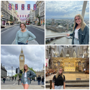Elisabeth Kerby, a young white woman, poses at different locations in London, including Big Ben.