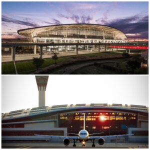 Two photos of an airport. On top is an airport at dusk. On bottom is an airport with an airplane in front.