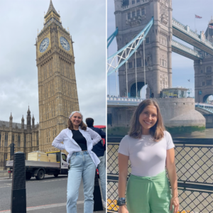 A collage of Payton Ferency, a white female student with shoulder-length brown hair. She is visiting tourist attractions in London, including the London Bridge and Big Ben.