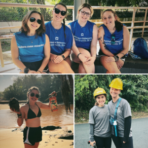 A collage of Indiana State University students in Puerto Rico. The students wear blue shirts, visit beaches, and wear yellow hard hats as they work.