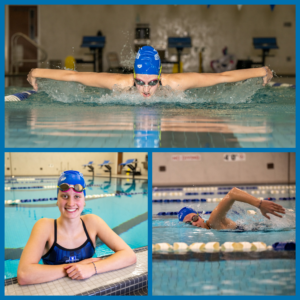 A collage of Peyton Heagy, a white female student, inside a swimming pool. She wears a blue swimsuit with the Sycamores athletic logo on the front. She also wears a blue swim cap and goggles.