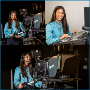 A collage of Piper Watkins, a female student with tanned skin and long brown hair, in a media lab. She wears a teal shirt. In the top left photo, she wears a black communication headset and poses next to a teleprompter and camera. In the top right photo, she poses in front of an audio board. In the bottom photo, she is looking into a camera and teleprompter while wearing a black communication headset.