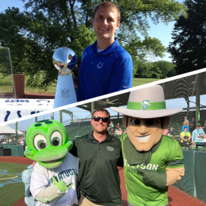 On the top, a white male with short brown hair poses with a Super Bowl trophy. He wears a blue polo shirt with an Indianapolis Colts logo in the upper right corner. On the bottom, a white male with short brown hair poses with two mascots in green. He wears a dark green shirt. They stand on a baseball field. 