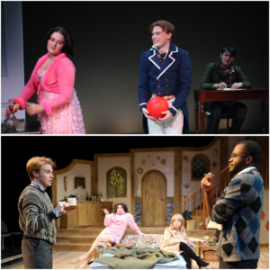A collage of two theater photos. On the top is a photo from a production of "Pride and Prejudice." On the left is a white female with dark brown hair wearing a pink Regency Era dress. Opposite her is a white male with short brown hair wearing a blue-and-white Regency Era suit. Visible in the back is a white male with short black hair sitting at a brown table, wearing a dark green Regency Era suit. The bottom photo is from a production of "Accomplice." On the left is a white male with short brown hair wearing a patterned wool sweater and grey pants. He holds a small coffee cup and saucer. Opposite him is a Black male with short brown hair wearing a patterned wool sweater and dark pants. Two women are visible behind them, and the set is made up to look like a house. 