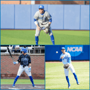 A collage of Jackson Taylor, a white male with short red hair, as he plays baseball. In the top photo, he wears a light gray baseball uniform with a blue hat. He holds a catcher's mitt in his left hand as he stands in the outfield. In the bottom left photo, he wears a black baseball uniform and a blue helmet as he stands at home base. He holds a black baseball bat in his right hand. In the bottom right photo, he wears a white baseball uniform and blue hat. He holds a catcher's mitt in his left hand and he throws a baseball.